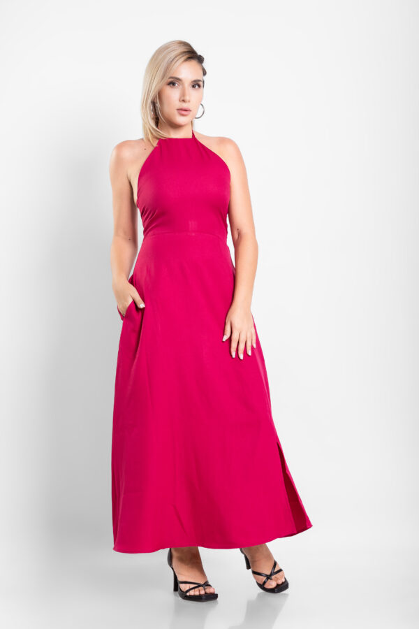 Olivia Halterneck Open Back Maxi Dress – Hot Pink