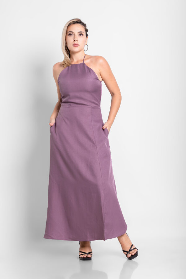 Olivia Halterneck Open Back Maxi Dress – Daphne Purple