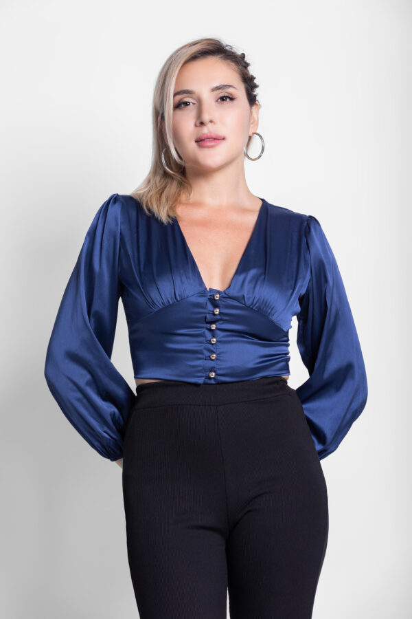 Hazel Balloon Sleeved Top – Navy Blue